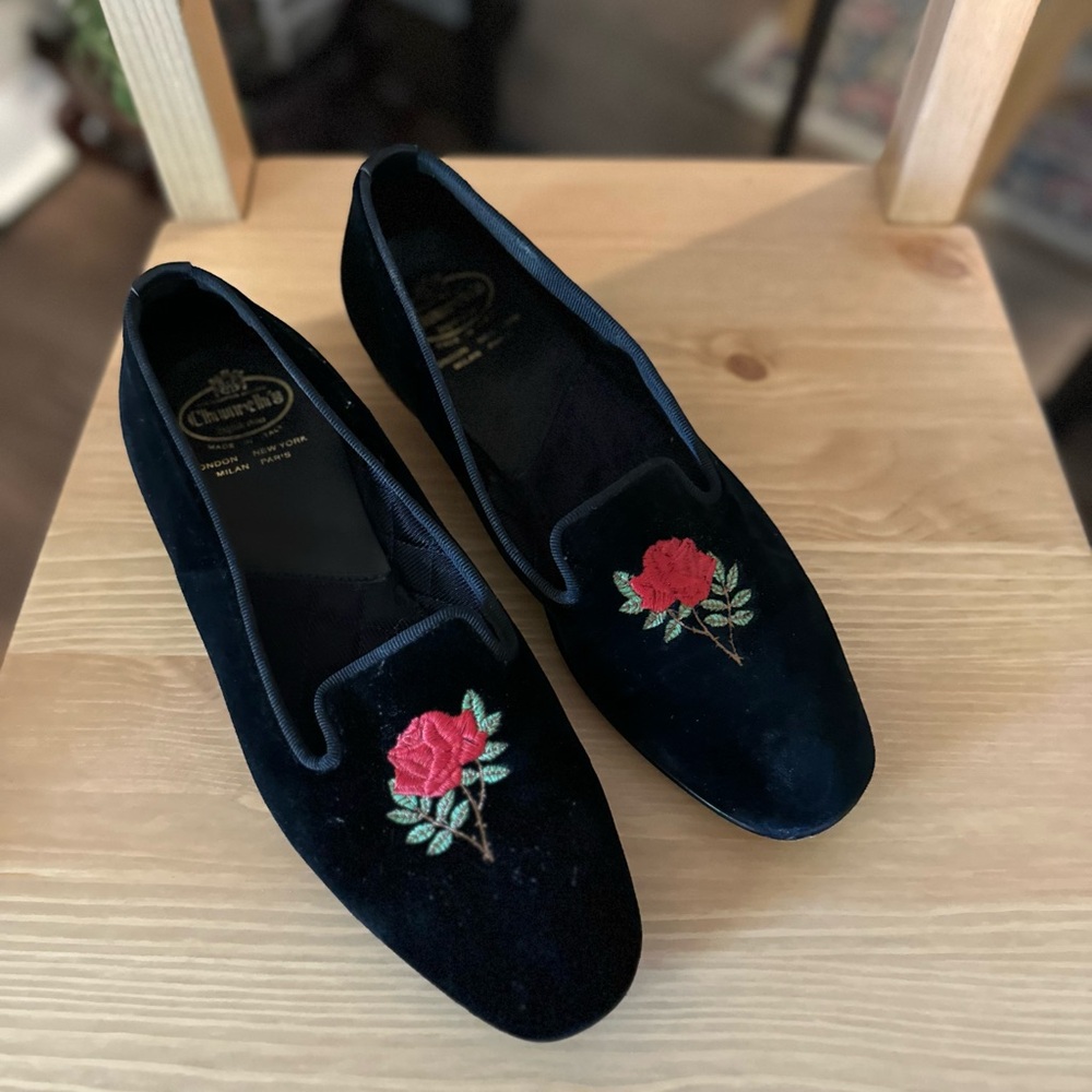 Church's Black Velvet Loafers with Red Rose Embroidery